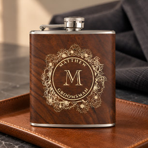 Rustikales Gold-Monogramm-Geschenk für den Trauzeu Flachmann