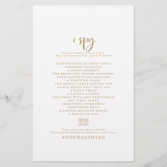 Rustikales Gold Script I Spy Wedding Foto Scavenge Flyer (Vorne)