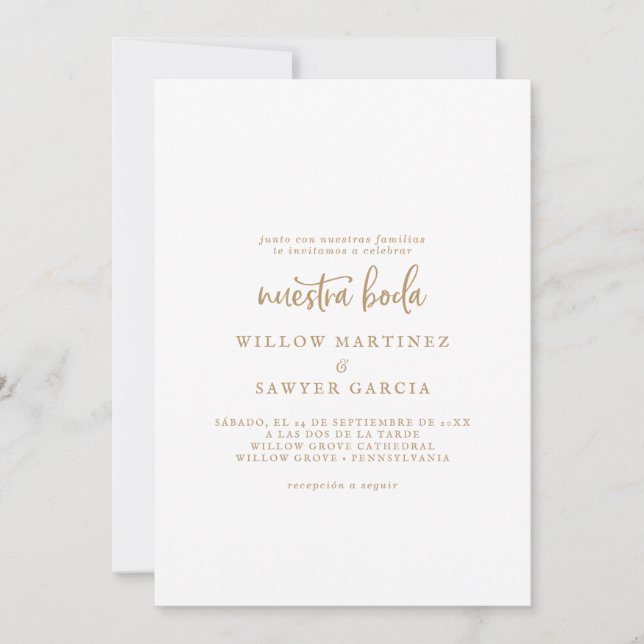 Rustikales Gold Script Spanisch Nuestra Boda Einladung (Vorderseite)