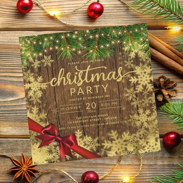 Rustikales Gold Snow & Pine Lights Company Xmas Ri Einladung (Rustic Gold Snow & Pine Lights Company Xmas Ribbon Invitation)