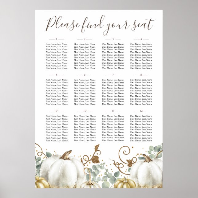 Rustikales Gold White Pumpkins Hochzeitsdiagramm Poster (Vorne)