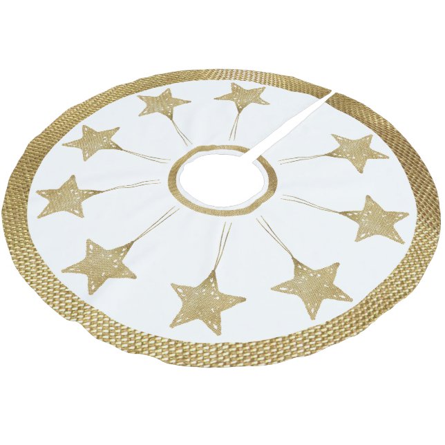 Rustikales goldenes Sternenmuster auf Weiß Polyester Weihnachtsbaumdecke (Schrägansicht)