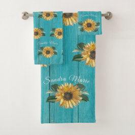 Rustikales goldgelbes Sonnenblumen Aquamarines Hol Badhandtuch Set