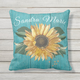 Rustikales goldgelbes Sonnenblumen Aquamarines Hol Kissen