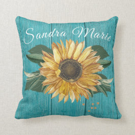 Rustikales goldgelbes Sonnenblumen Aquamarines Hol Kissen