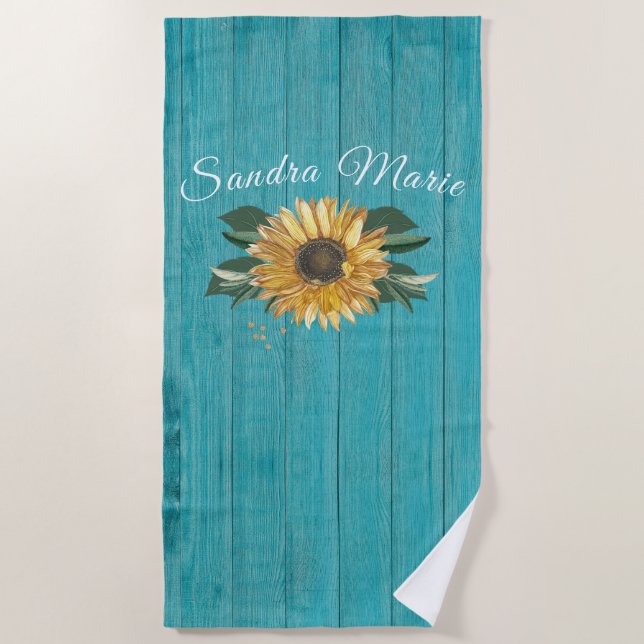 Rustikales goldgelbes Sonnenblumen Aquamarines Hol Strandtuch (Vorderseite)