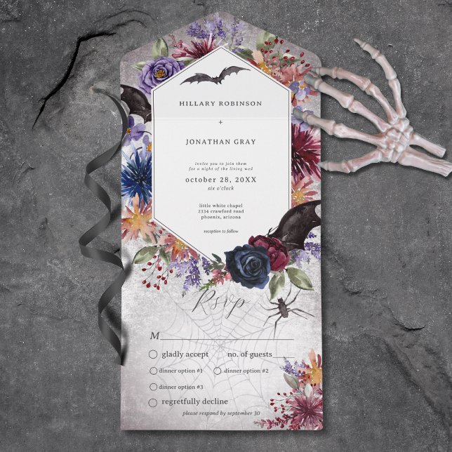 Rustikales Gotisches Abendessen zu Hochzeiten All In One Einladung (Rustic Gothic Colorful Halloween Wedding Dinner All In One Invitation)