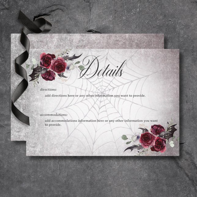 Rustikales Gotisches Schwarz & Burgund Halloween D Begleitkarte (Rustic Gothic Black & Burgundy Halloween Wedding Details Card)