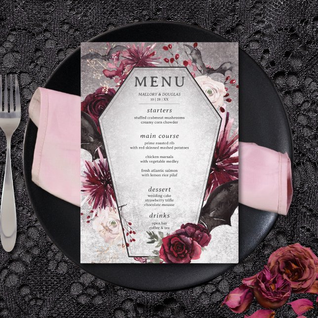 Rustikales Gotisches Schwarzes & Burgund Halloween Menükarte (Rustic Gothic Black & Burgundy Halloween Wedding Menu)