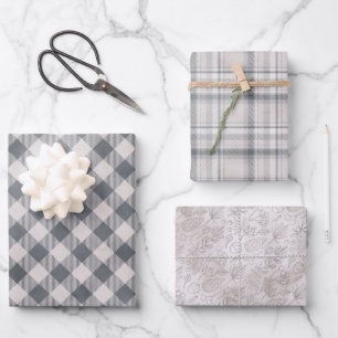 Rustikales Grau Kariert und Drei-Punkte-Muster Geschenkpapier Set