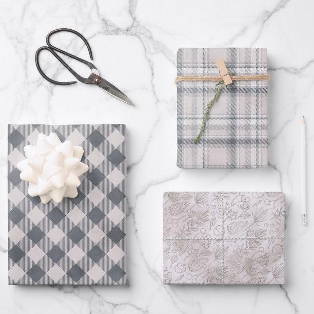 Rustikales Grau Kariert und Drei-Punkte-Muster Geschenkpapier Set (Vorderseite)