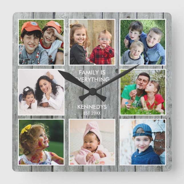 Rustikales Grauholz 8 Foto Collage Familienangebot Quadratische Wanduhr (Vorderseite)