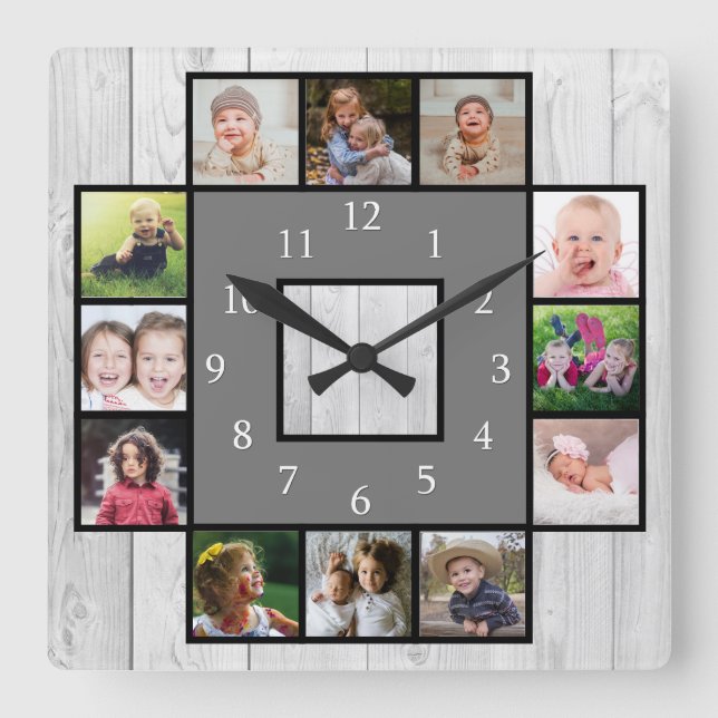 Rustikales Grauholz kreiert Ihre eigene 12-FotoCol Quadratische Wanduhr (Vorderseite)