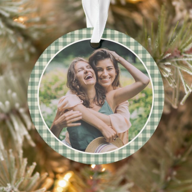 Rustikales Green Gingham Foto Moderne Weihnachten Ornament (Baum)