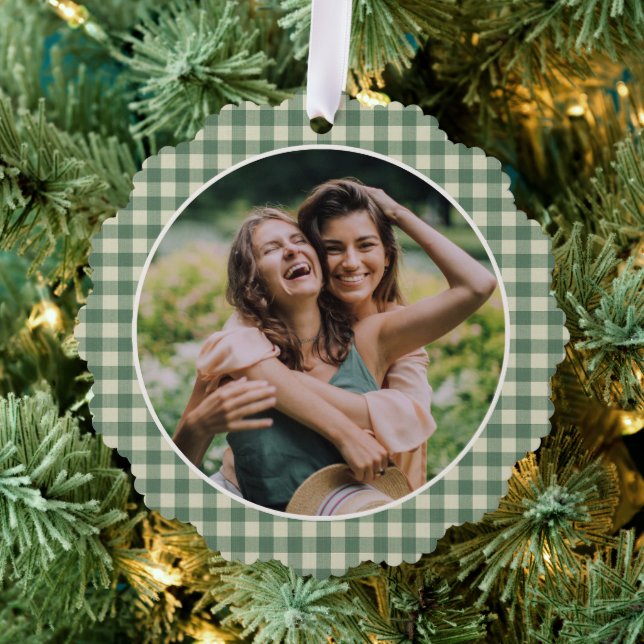 Rustikales Green Gingham Foto Moderne Weihnachten Ornament Karte (Insitu (Baum))