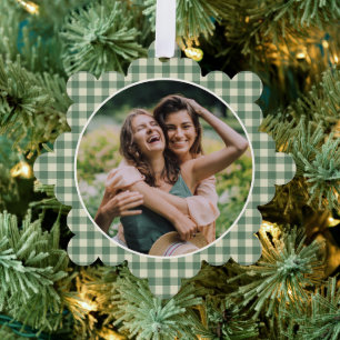 Rustikales Green Gingham Foto Moderne Weihnachten Ornament Karte