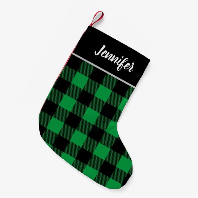 Rustikales Green und Black Buffalo Karo Monogram Kleiner Weihnachtsstrumpf (Vorderansicht (hängend))