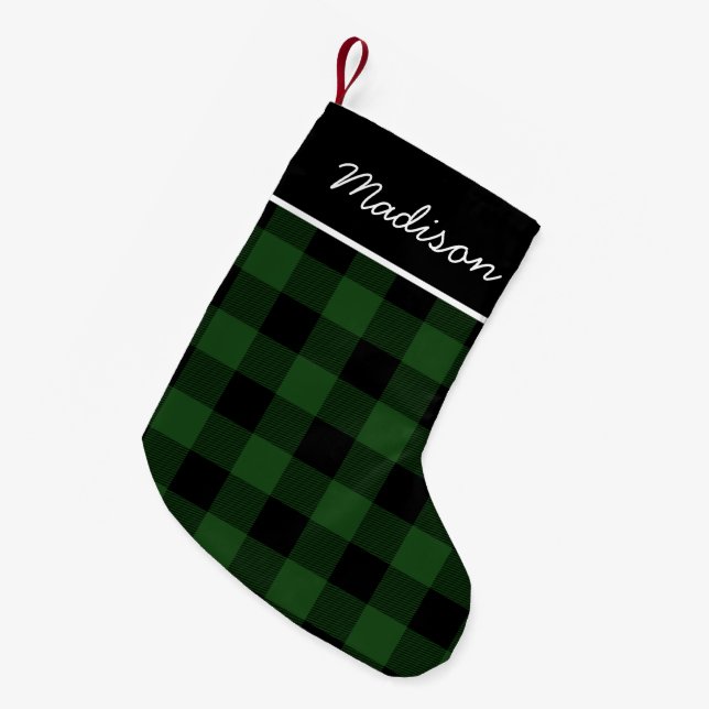 Rustikales Green und Black Buffalo Karo Monogram Kleiner Weihnachtsstrumpf (Vorderansicht (hängend))