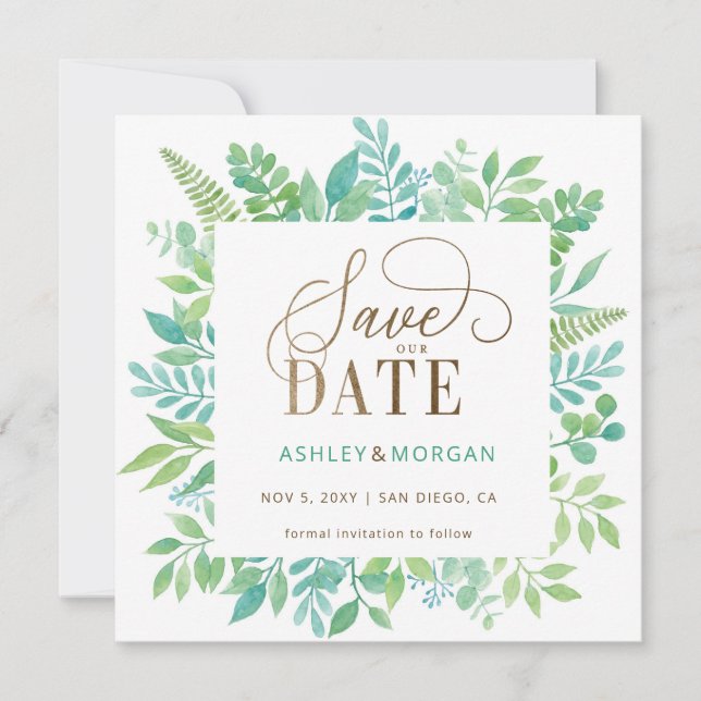 Rustikales Greenery Gold Floral Foto Save the Date Ankündigung (Vorderseite)