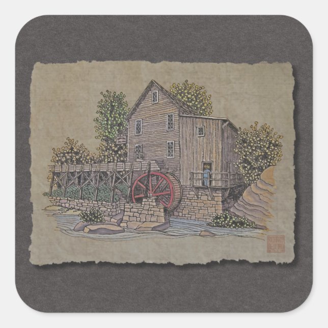 Rustikales Gristmill Quadratischer Aufkleber (Vorderseite)