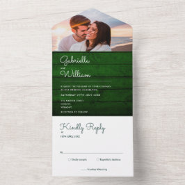 Rustikales Grün-Holz-String-Lights-Foto Hochzeit All In One Einladung
