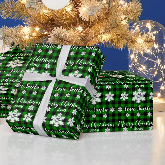 Rustikales Grün kariert mit Schneeflockendetails Geschenkpapier (Feiertage)