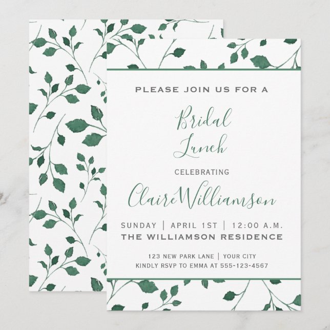 Rustikales Grünes Aquarellblatt | Bridal Lunch Einladung (Vorne/Hinten)
