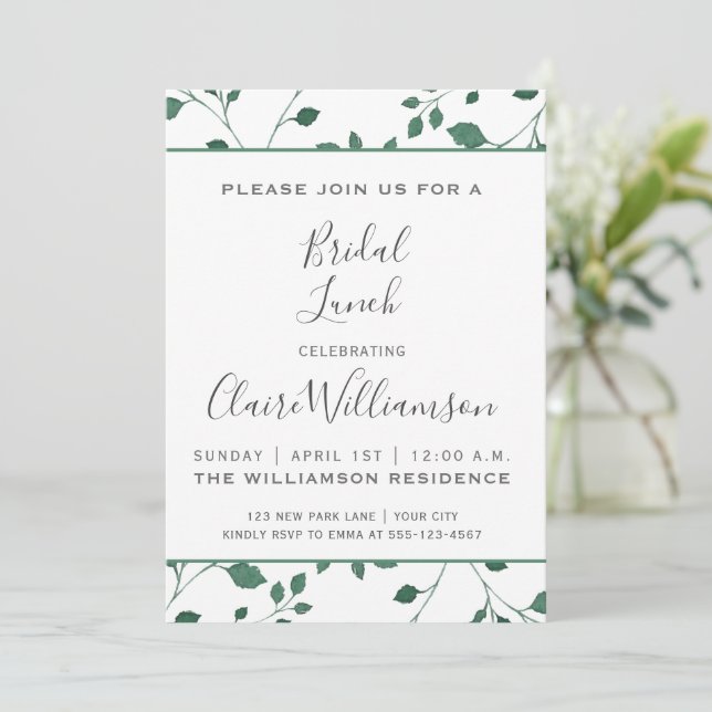 Rustikales Grünes Aquarellblatt | Bridal Lunch Einladung (Stehend Vorderseite)