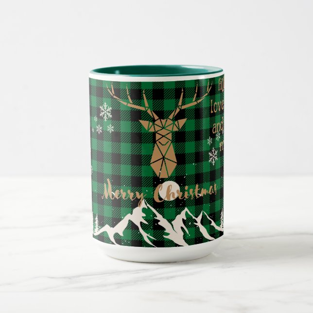 Rustikales grünes Büffel Kariert Rentier Weihnacht Tasse (Zentrum)