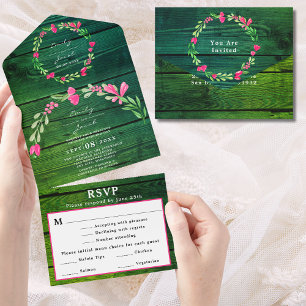 Rustikales grünes Holz Rosa Blumenland Hochzeit UA All In One Einladung