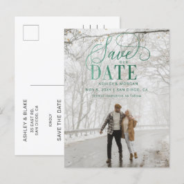 Rustikales grünes Skript-Foto Save the Date Ankündigungspostkarte