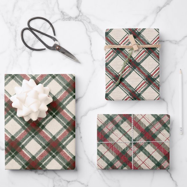 Rustikales grünes Weihnachtswaschpapier Kariert Geschenkpapier Set (Vorderseite)