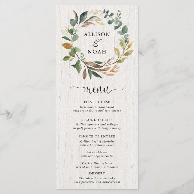 Rustikales Grünpflanzen botanisches Hochzeitsmenü Programm (Vorderseite)