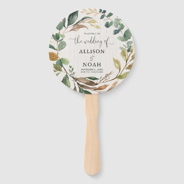 Rustikales Grünpflanzen botanisches Hochzeitsprogr Fächer (Vorderseite)