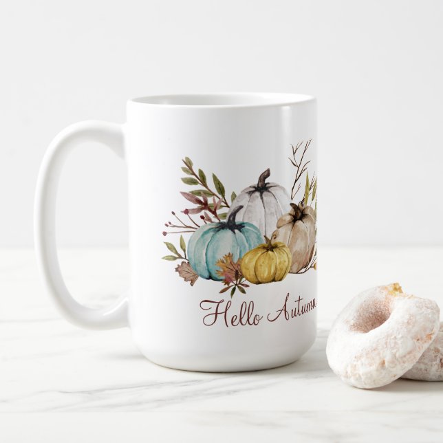 Rustikales Hallo Autumn Pumpkins Kaffeetasse (Mit Donut)