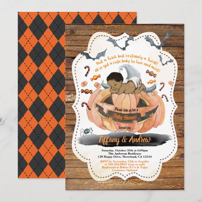Rustikales Halloween Baby Dusche Kürbis sprichwört Einladung (Vorne/Hinten)