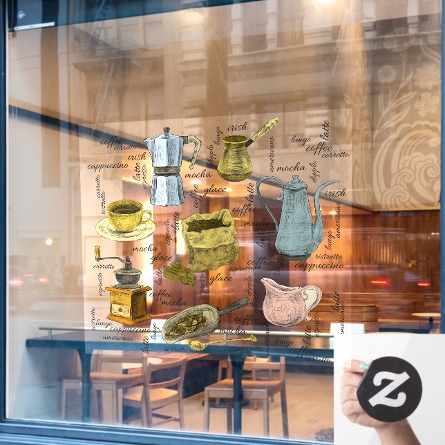 Rustikales Handgezogenes Café Kunst Fensteraufkleber (Café-Fenster)