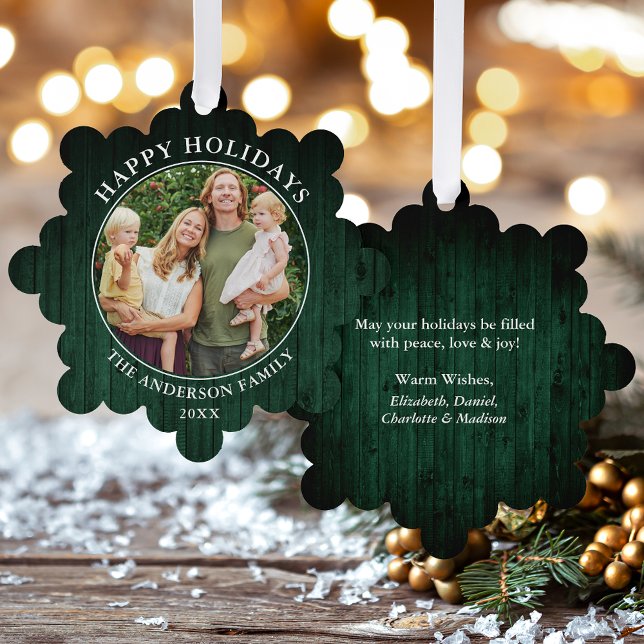 Rustikales Happy Holidays Green Wood Print Ornament Karte (A greeting card that is also an ornament! Customize with your photo and personalized text.)