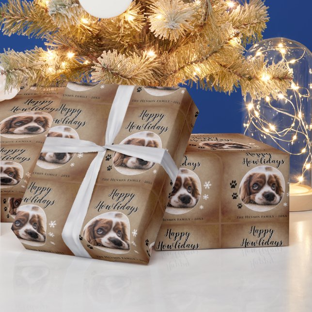 Rustikales Happy Howlidays Hund Foto Weihnachtsfei Geschenkpapier (Feiertage)
