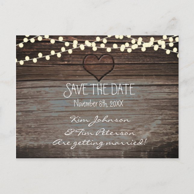 Rustikales Heart Wood Wedding Postcard Save the Da Ankündigungspostkarte (Vorderseite)