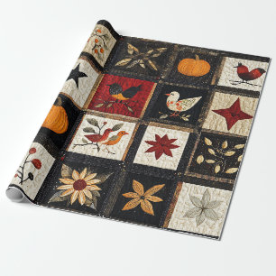 Rustikales Herbst-Quilmuster Harvest Folk Motifs Geschenkpapier
