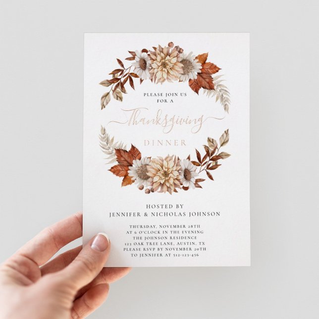 Rustikales Herbstfloral Erntedank Abendessen Folieneinladung (Front - Rustic Fall Floral Thanksgiving Dinner Foil Invitation)