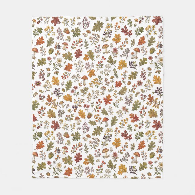 Rustikales Herbstlaub-Pilz-Waldmuster Fleecedecke (Vorderseite)