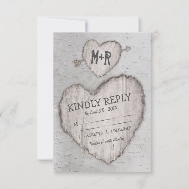 Rustikales Herz Birch Tree Wedding RSVP Karte (Vorderseite)