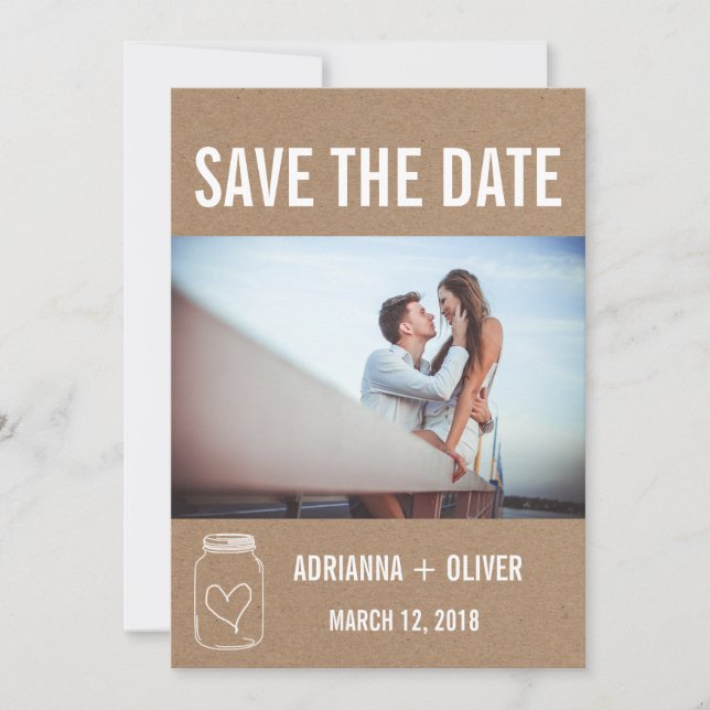 Rustikales Herz Mason Jar Save the Date Couple Fot (Vorderseite)