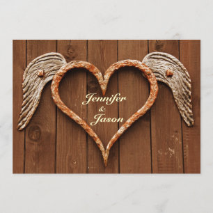 Rustikales Herz mit Wings Wood Wedding Einladungen