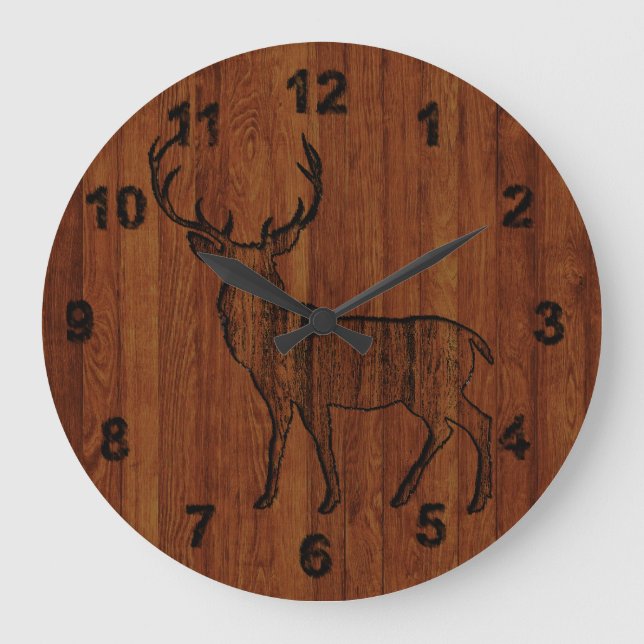 Rustikales Hirsch in Holz bearbeitet Große Wanduhr (Vorderseite)