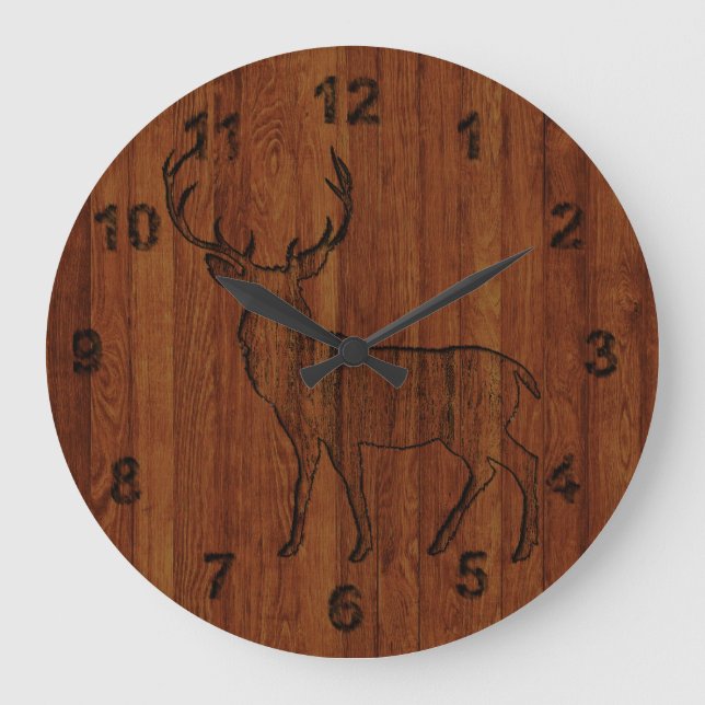 Rustikales Hirsch in Holzwirkung Große Wanduhr (Vorderseite)
