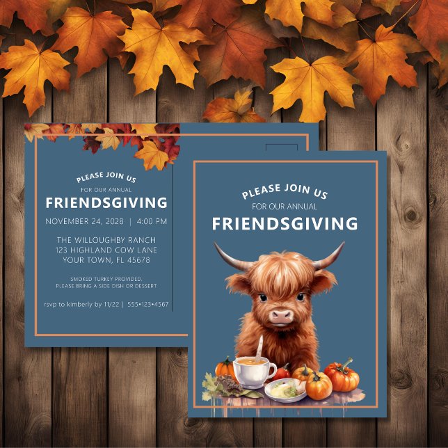 Rustikales Hochland Kuh Friendsgiving Einladung Po Postkarte (Von Creator hochgeladen)