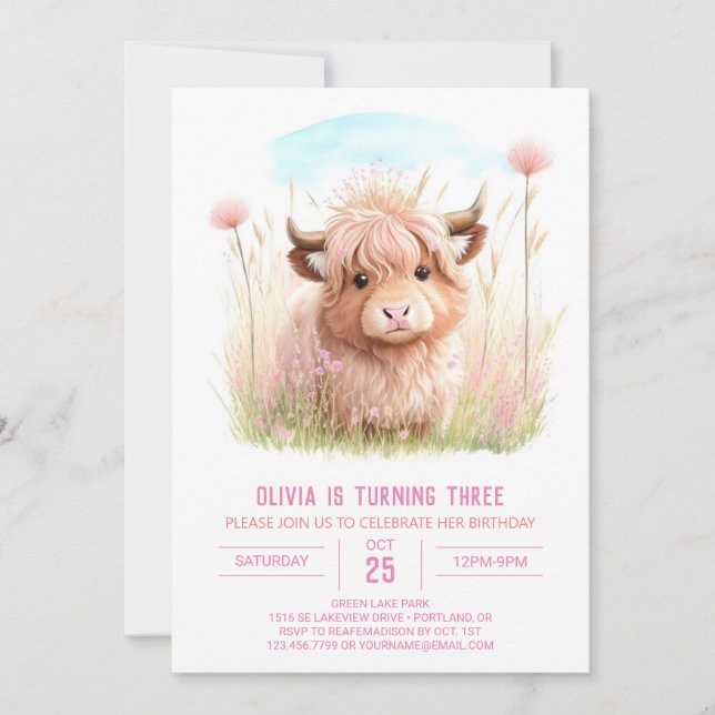 Rustikales Hochland Kuh Rosa Party Geburtstag Einladung (Vorderseite)